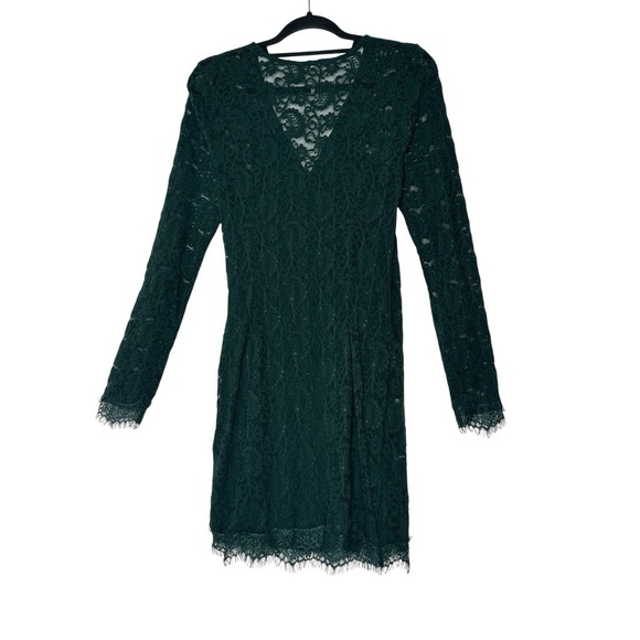 Free People Dress Women's Small Mini Dark Green Lace Faux Wrap Long Sleeve Sheer - Picture 3 of 11